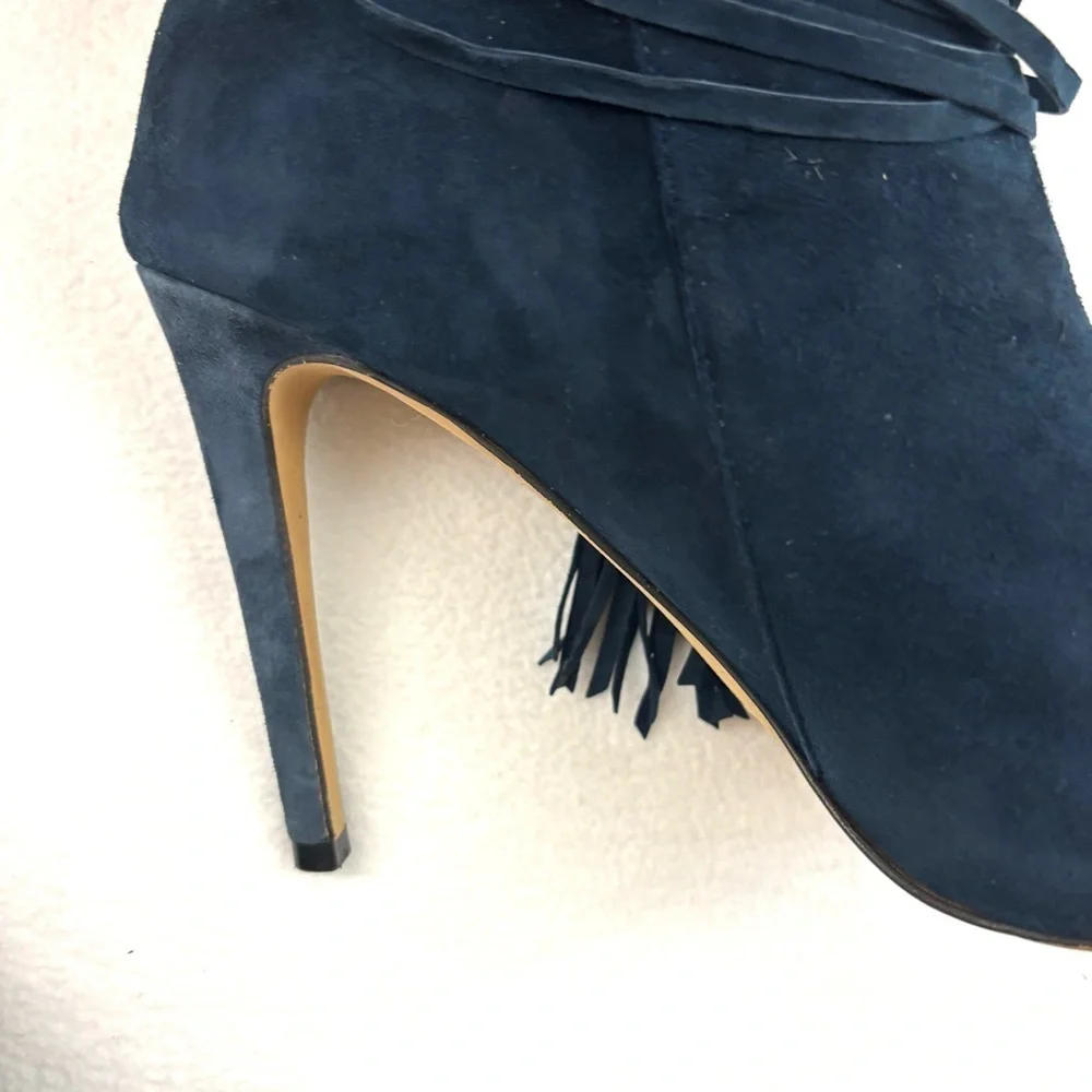 Vince Camuto‎ Navy Suede Leather Fringe Stiletto Heel Open Toe Booties (8)